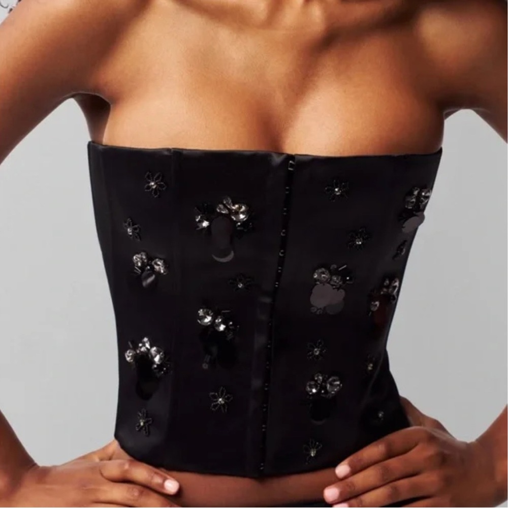 Danielle Guizio Embellished Satin Corset — Black, Size XXS